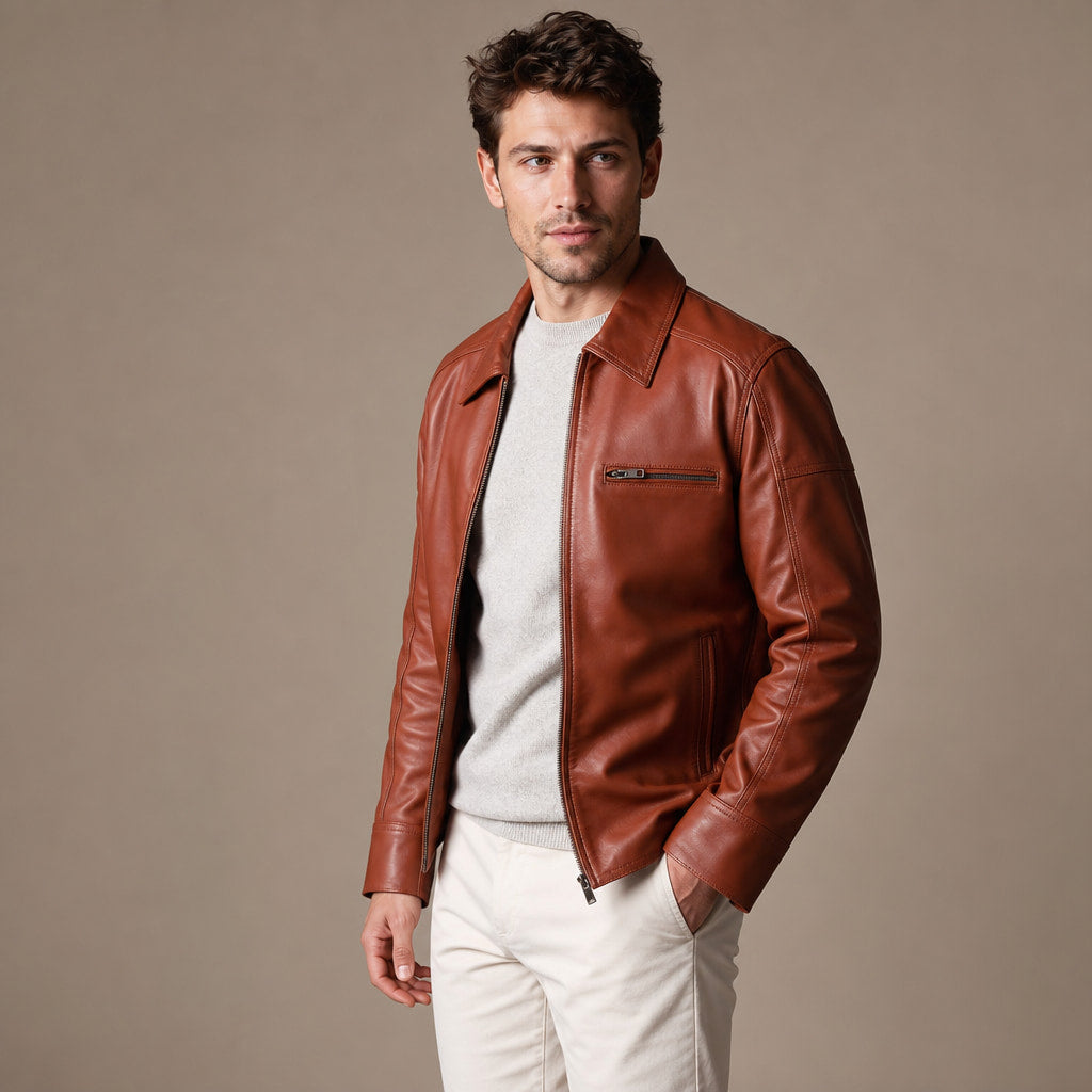 Deathgrip Windsor Tan Brown Biker Leather Jacket For Men Brown – Side Angle View