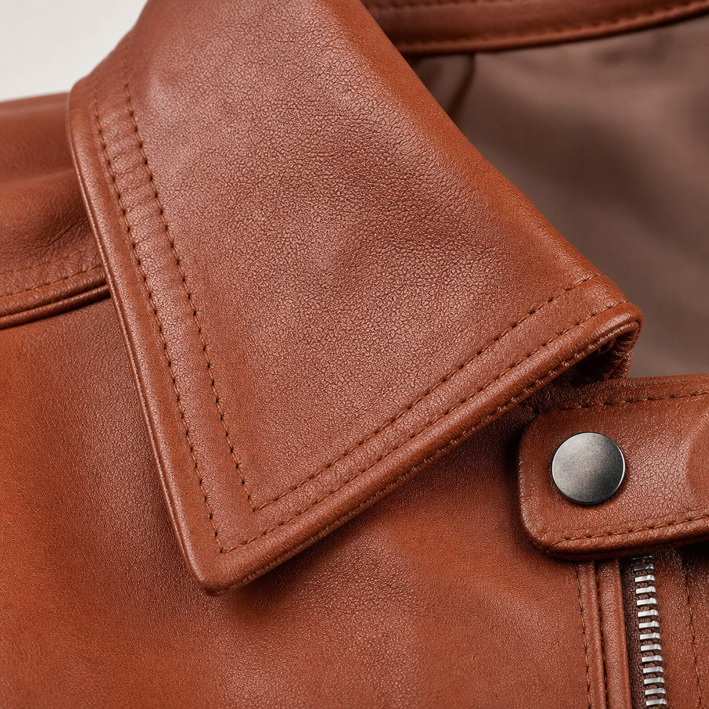 Deathgrip Windsor Tan Brown Biker Leather Jacket For Men Brown – Fabric and Detail Close-Up
