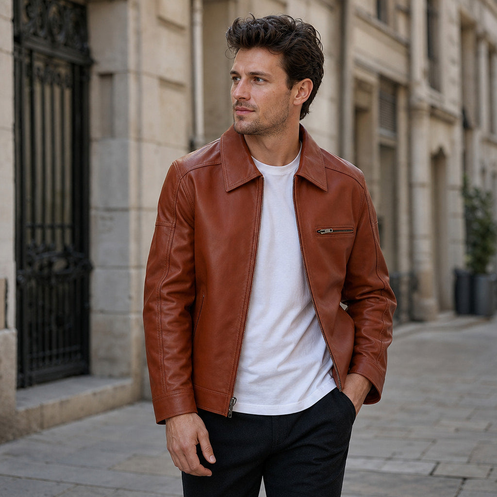 Deathgrip Windsor Tan Brown Biker Leather Jacket For Men Brown – Styled Editorial Shot