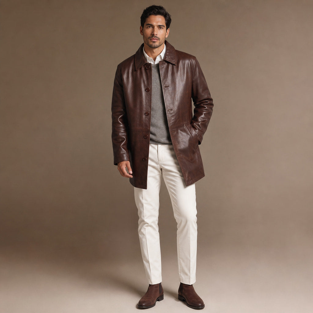 Delusional Dark Walnut Brown Leather Pea Coat Brown – Side Angle View