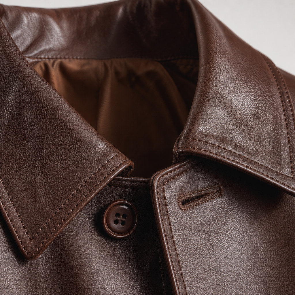 Delusional Dark Walnut Brown Leather Pea Coat Brown – Fabric and Detail Close-Up