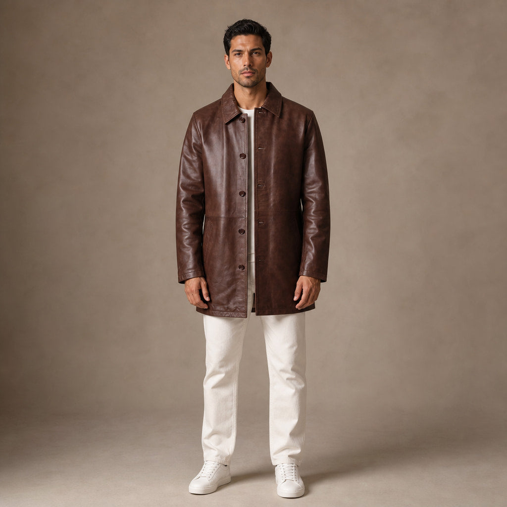 Delusional Dark Walnut Brown Leather Pea Coat in Brown – Tarlano Premium Menswear