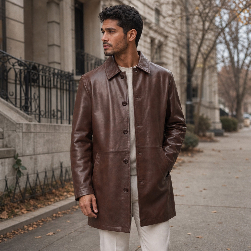 Delusional Dark Walnut Brown Leather Pea Coat Brown – Styled Editorial Shot