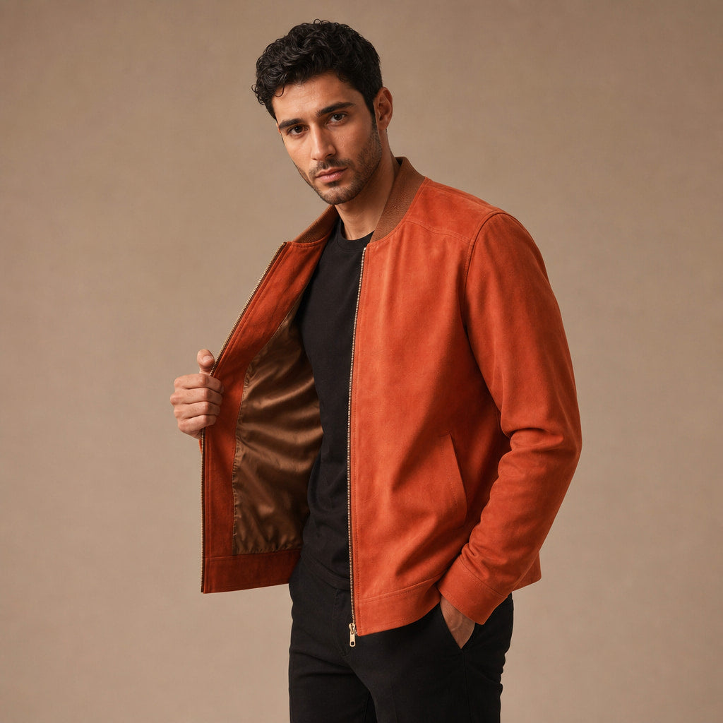 Deric Orange Suede Leather Bomber Jacket For Men Orange – Side Angle View