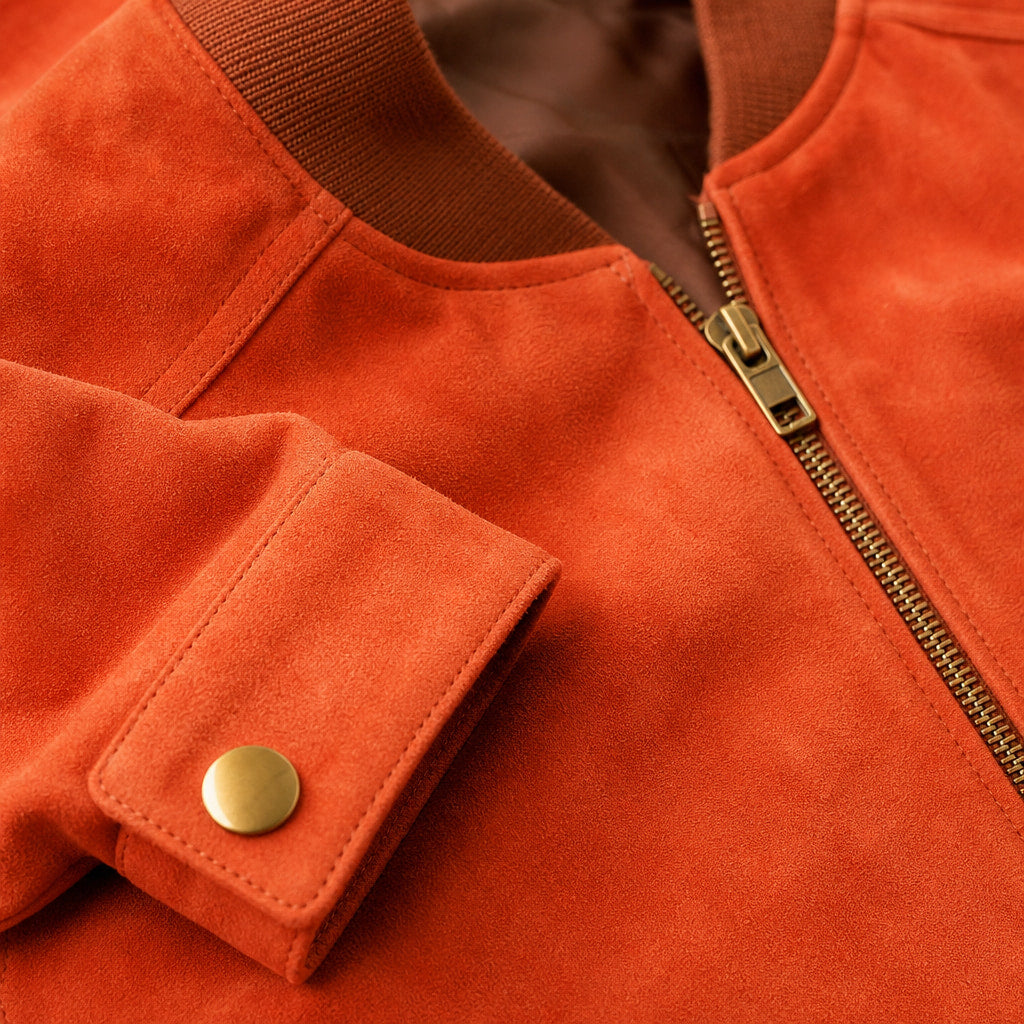 Deric Orange Suede Leather Bomber Jacket For Men Orange – Fabric and Detail Close-Up