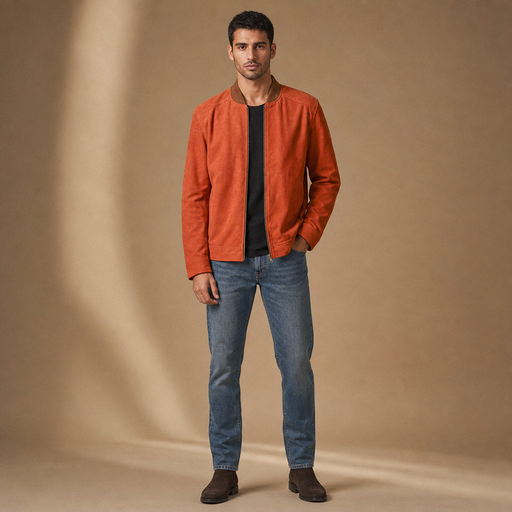 Deric Orange Suede Leather Bomber Jacket For Men Orange – Full Look