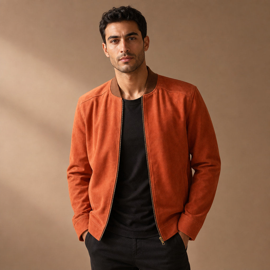 Deric Orange Suede Leather Bomber Jacket For Men Orange – Product Photo