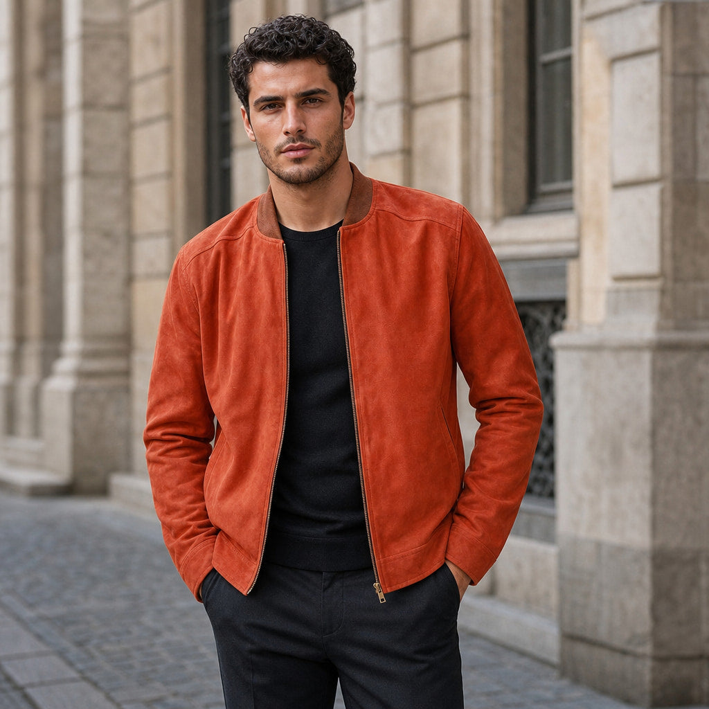 Deric Orange Suede Leather Bomber Jacket For Men Orange – Styled Editorial Shot