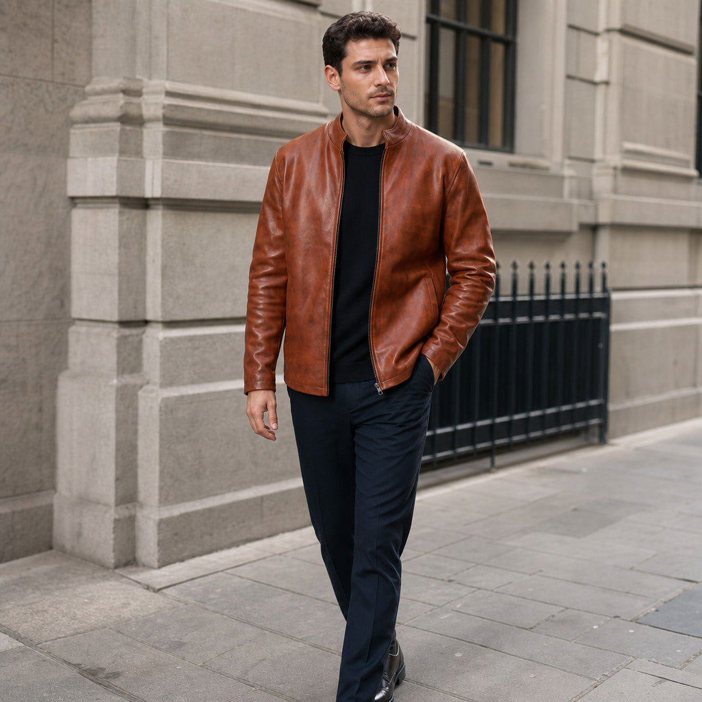 Dope Chestnut Brown Sheepskin Leather Jacket For Men Brown – Styled Editorial Shot