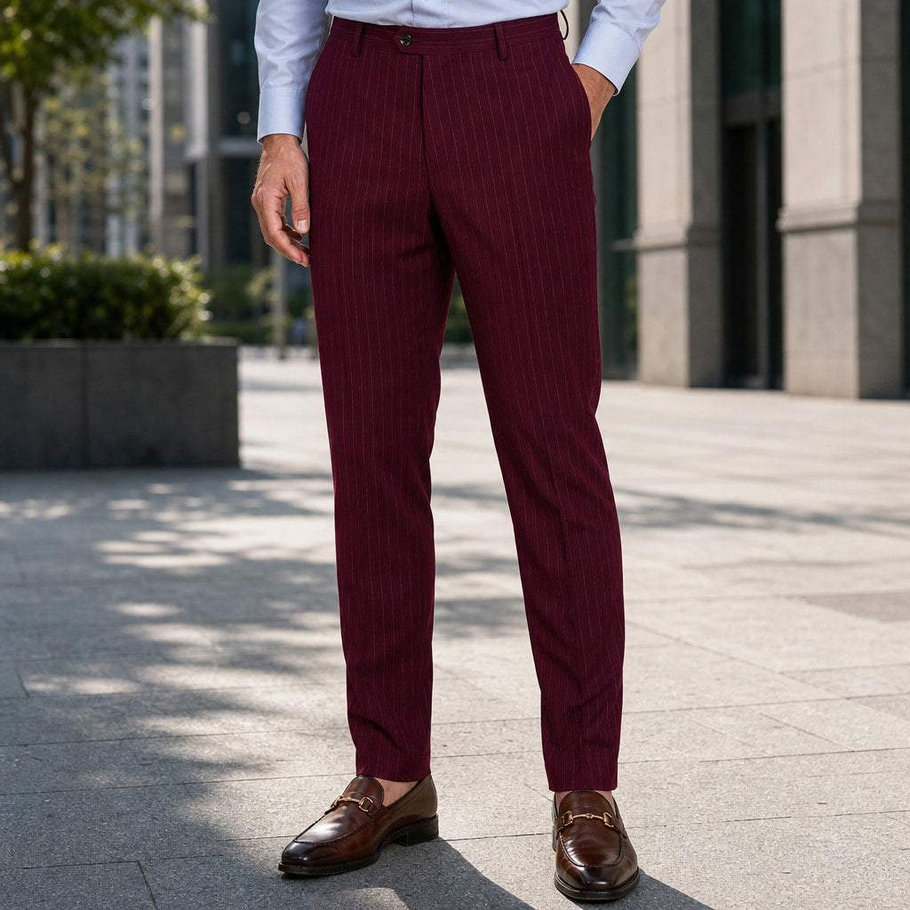 Dress Pants Modern Fit Flat Front Burgundy – Styled Editorial Shot