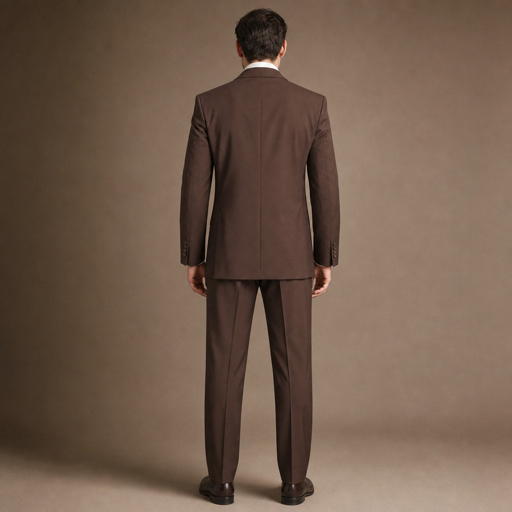 Double Breasted Poplin Suit Peak Lapel Brown Brown – Side Angle View