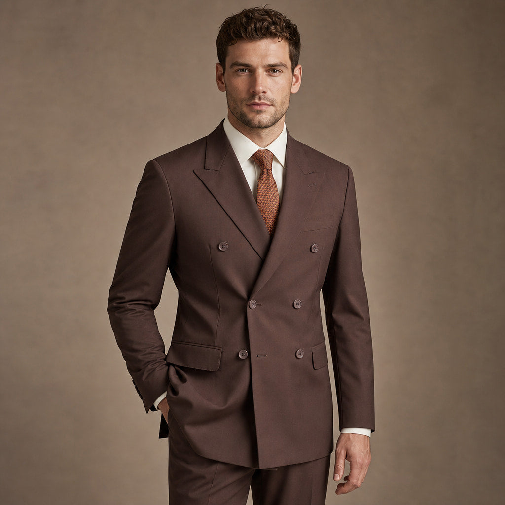 Double Breasted Poplin Suit Peak Lapel Brown Brown – Full Look