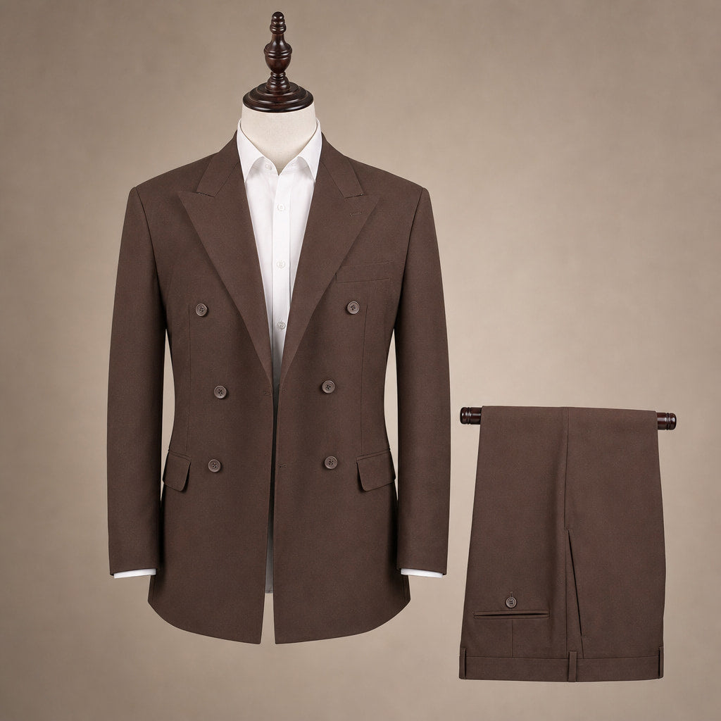 Double Breasted Poplin Suit Peak Lapel Brown Brown – Product Photo