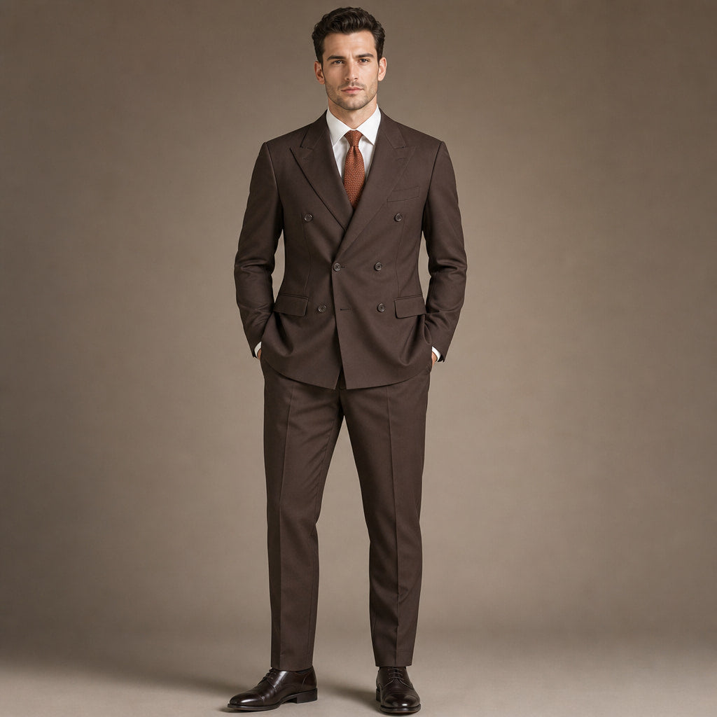 Double Breasted Poplin Suit Peak Lapel Brown in Brown – Tarlano Premium Menswear