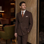 Double Breasted Poplin Suit Peak Lapel Brown Brown – Styled Editorial Shot