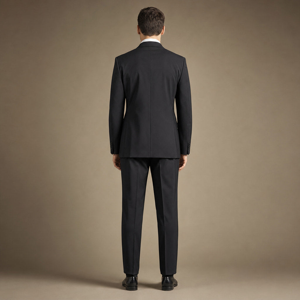 Double Breasted Poplin Suit Peak Lapel Pleated Trousers Black Black – Side Angle View