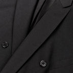 Double Breasted Poplin Suit Peak Lapel Pleated Trousers Black Black – Fabric and Detail Close-Up