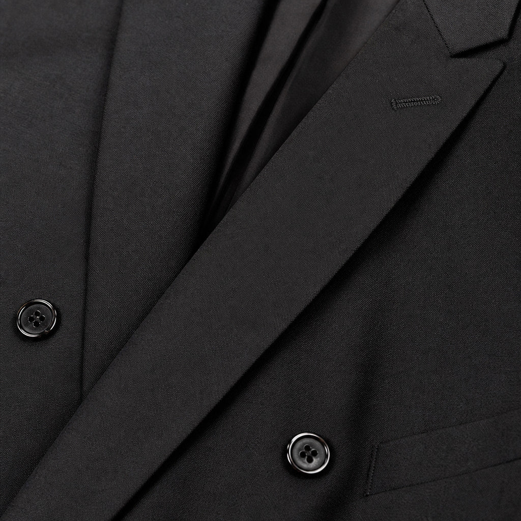 Double Breasted Poplin Suit Peak Lapel Pleated Trousers Black Black – Fabric and Detail Close-Up