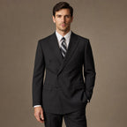 Double Breasted Poplin Suit Peak Lapel Pleated Trousers Black Black – Full Look