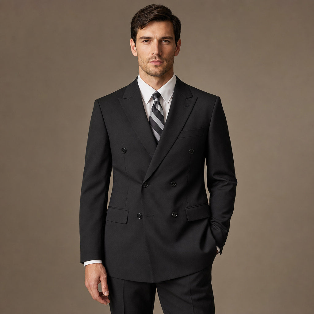 Double Breasted Poplin Suit Peak Lapel Pleated Trousers Black Black – Full Look