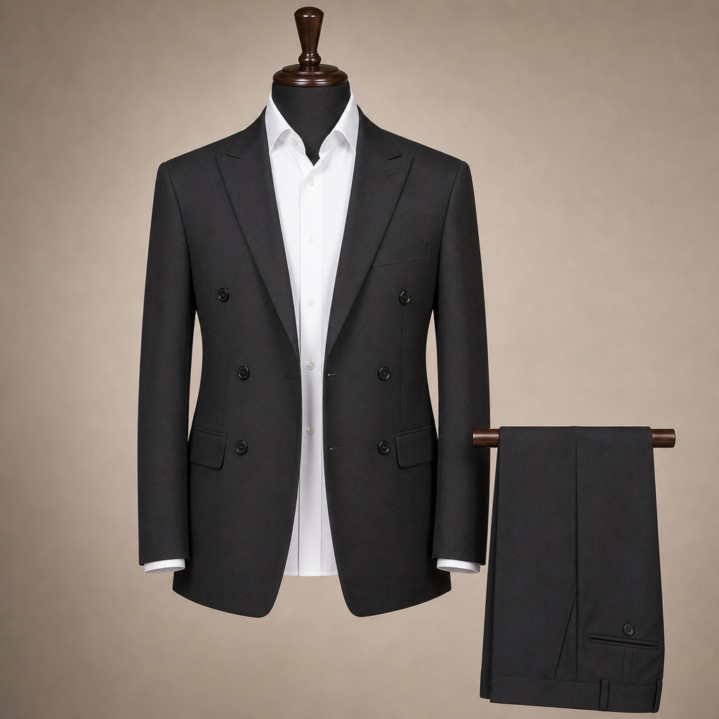 Double Breasted Poplin Suit Peak Lapel Pleated Trousers Black Black – Product Photo