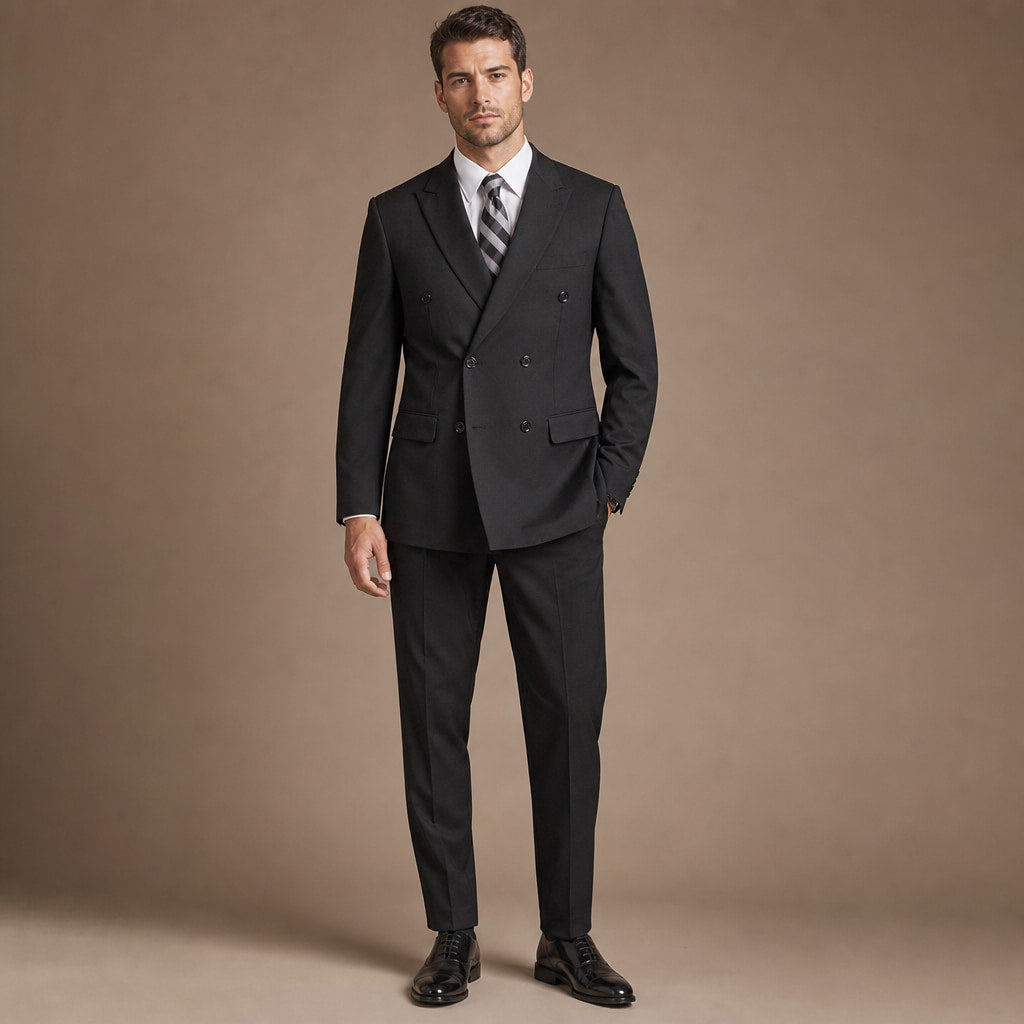 Double Breasted Poplin Suit Peak Lapel Pleated Trousers Black in Black – Tarlano Premium Menswear