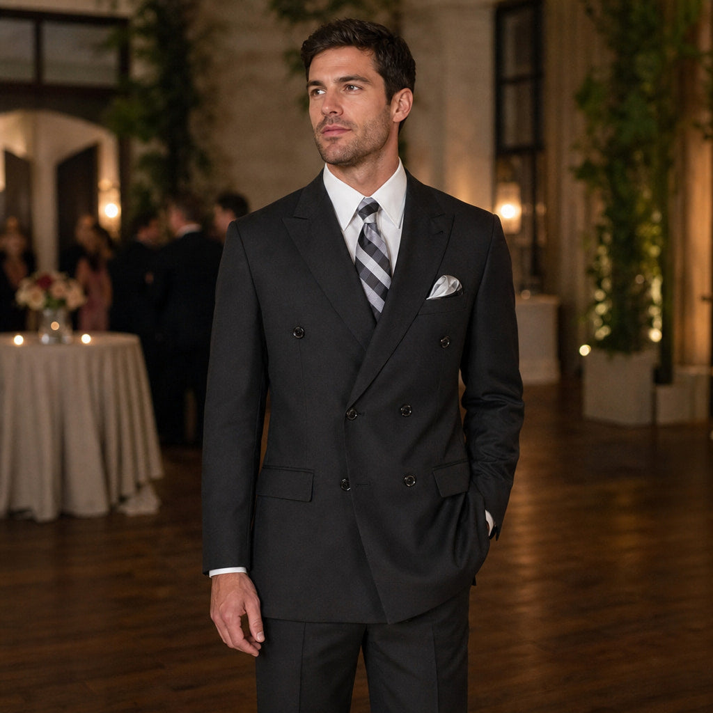 Double Breasted Poplin Suit Peak Lapel Pleated Trousers Black Black – Styled Editorial Shot
