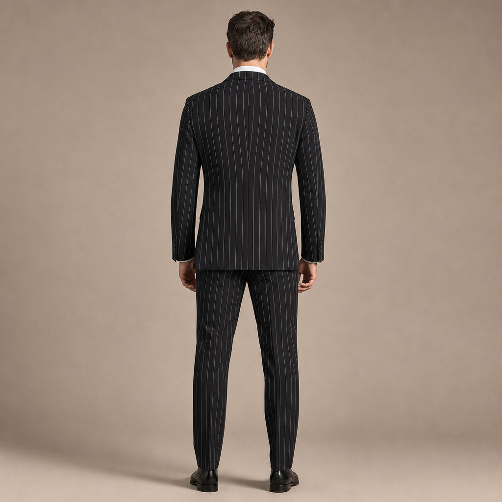 Double Breasted Suit Men Pinstripe Peak Lapel Black Black – Side Angle View