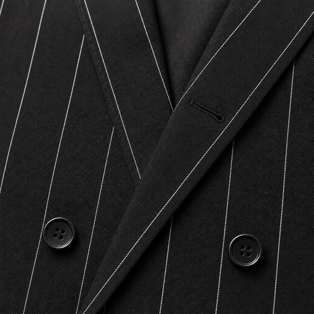 Double Breasted Suit Men Pinstripe Peak Lapel Black Black – Fabric and Detail Close-Up