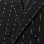 Double Breasted Suit Men Pinstripe Peak Lapel Black Black – Fabric and Detail Close-Up