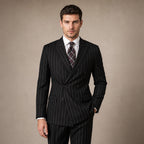 Double Breasted Suit Men Pinstripe Peak Lapel Black Black – Full Look