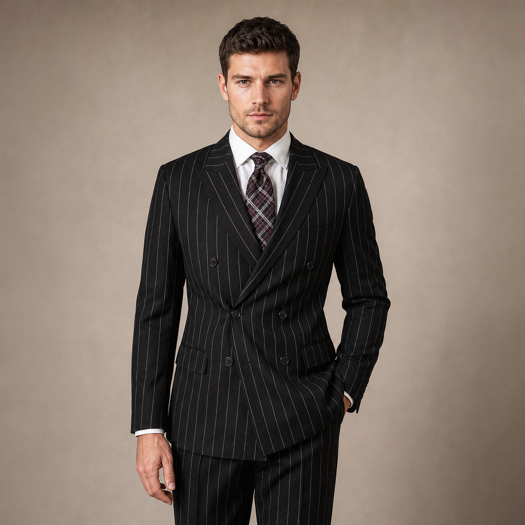Double Breasted Suit Men Pinstripe Peak Lapel Black Black – Full Look