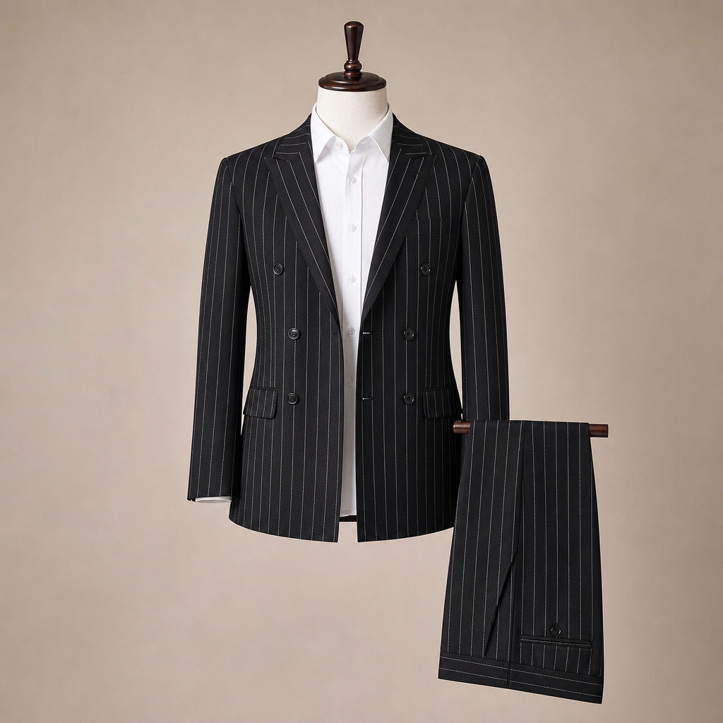 Double Breasted Suit Men Pinstripe Peak Lapel Black Black – Product Photo