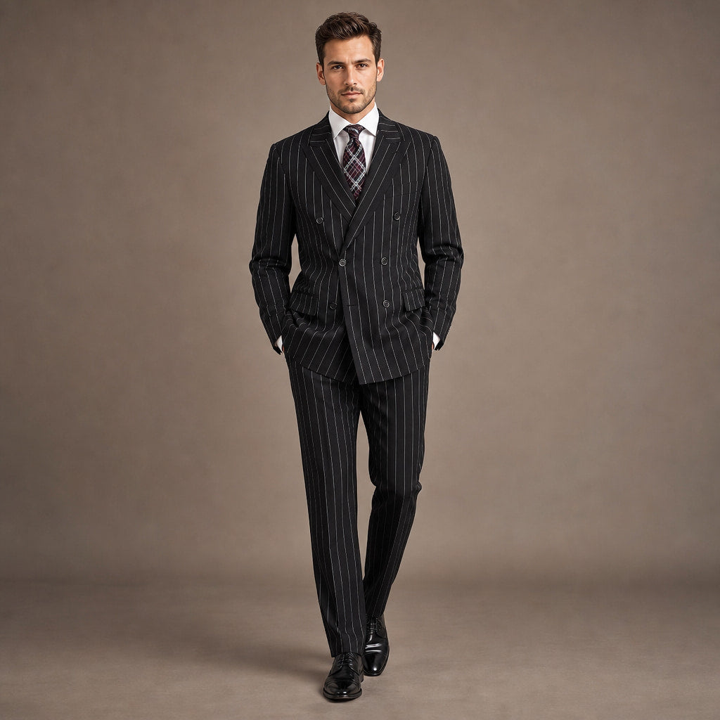 Double Breasted Suit Men Pinstripe Peak Lapel Black in Black – Tarlano Premium Menswear