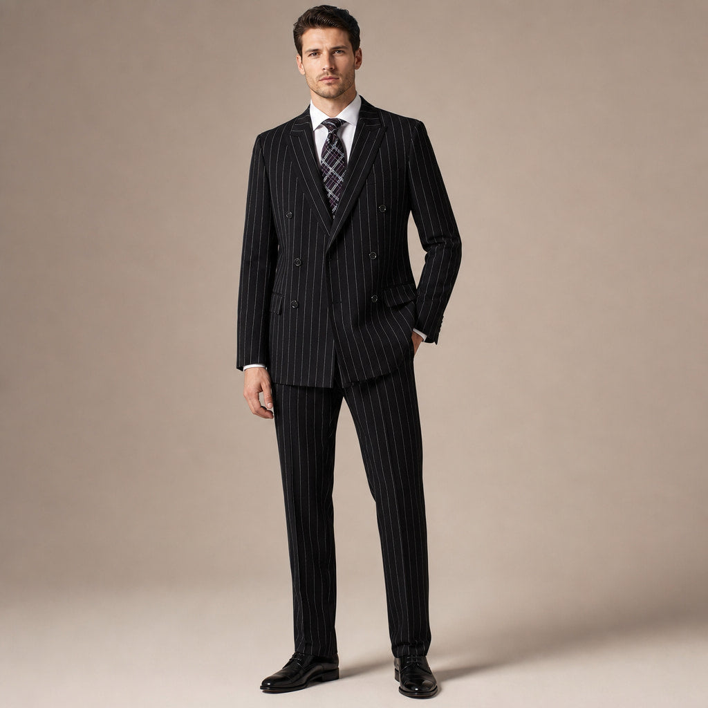 Double Breasted Suit Men Pinstripe Peak Lapel Black in Black – Tarlano Premium Menswear