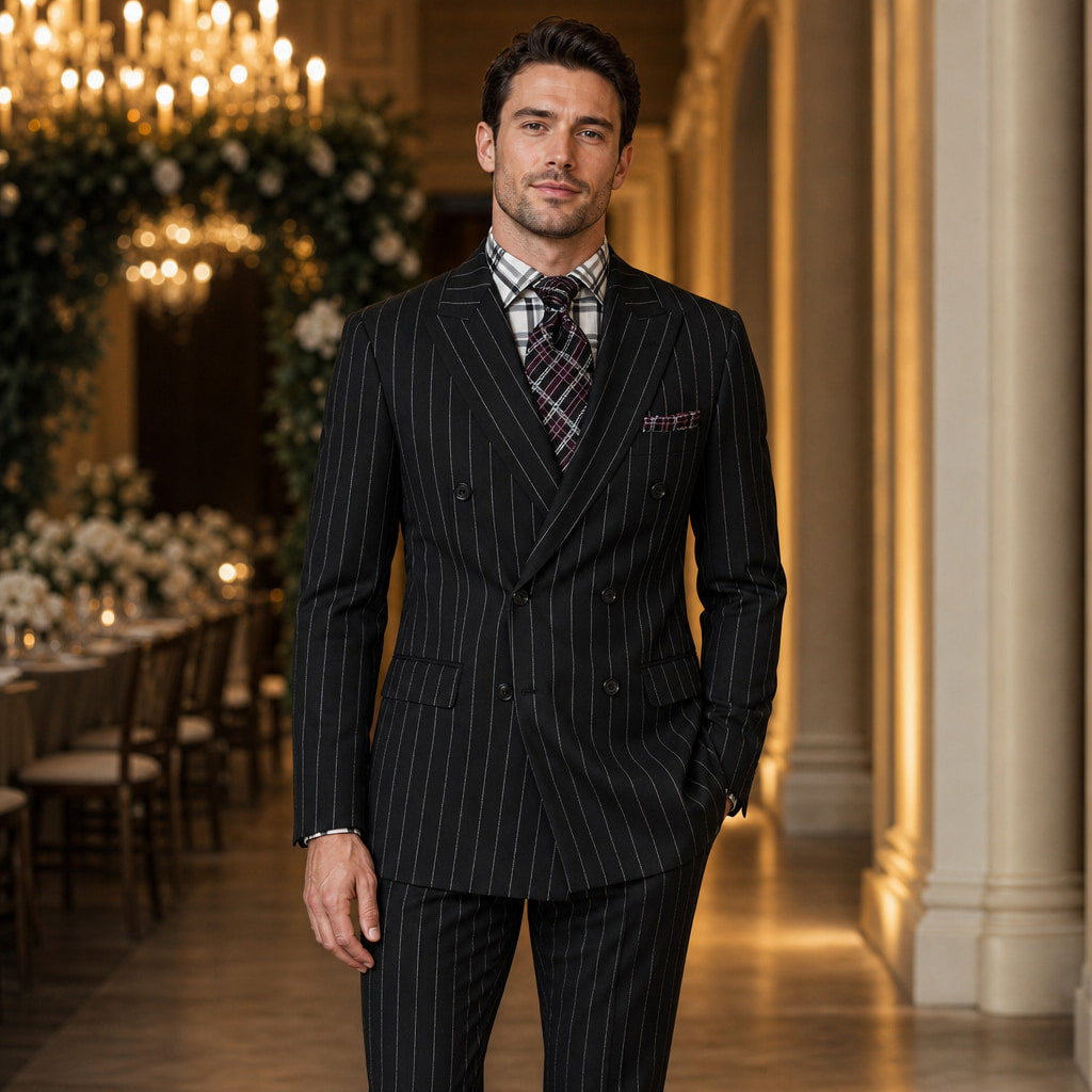 Double Breasted Suit Men Pinstripe Peak Lapel Black Black – Styled Editorial Shot