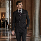 Double Breasted Suit Men Pinstripe Peak Lapel Black Black – Styled Editorial Shot