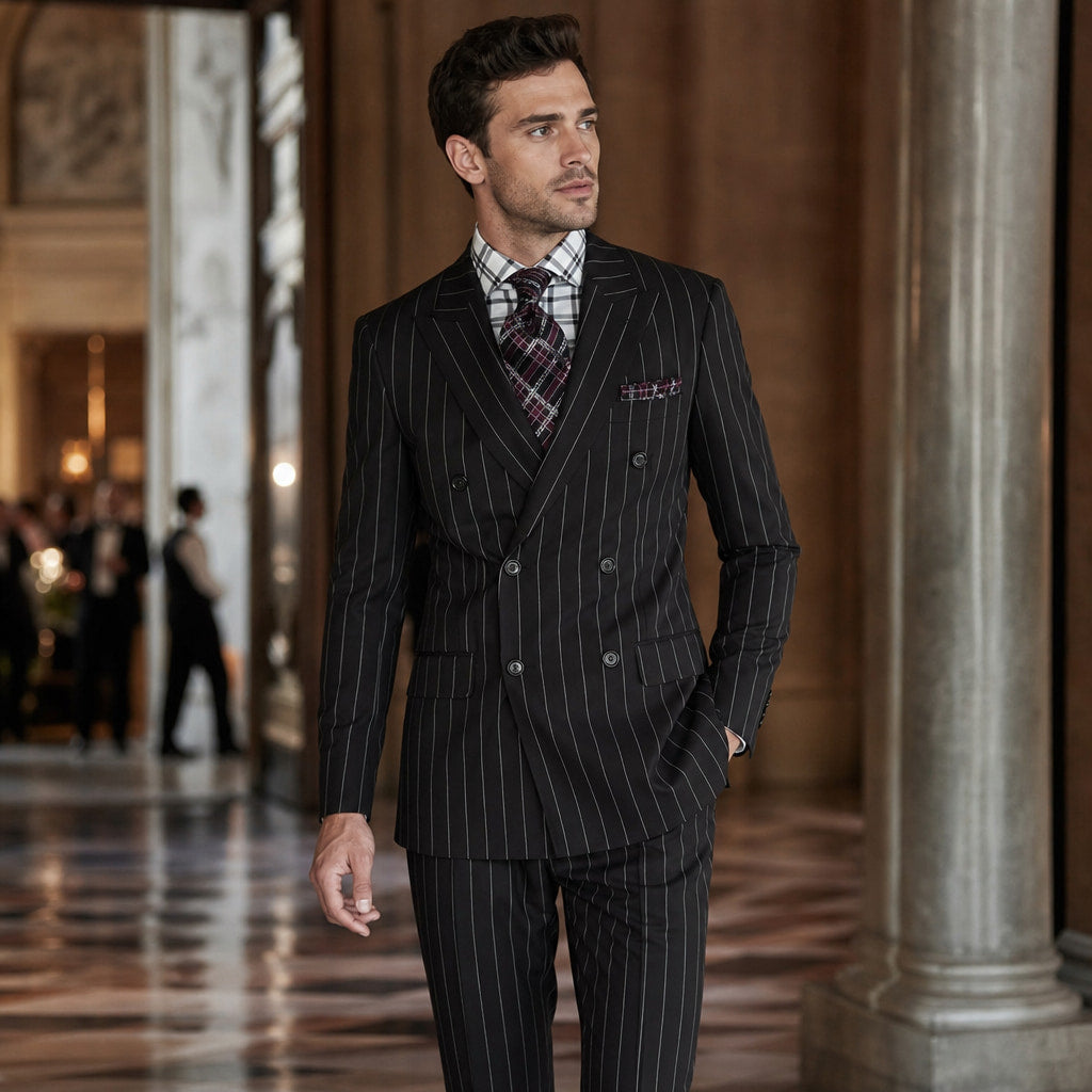 Double Breasted Suit Men Pinstripe Peak Lapel Black Black – Styled Editorial Shot