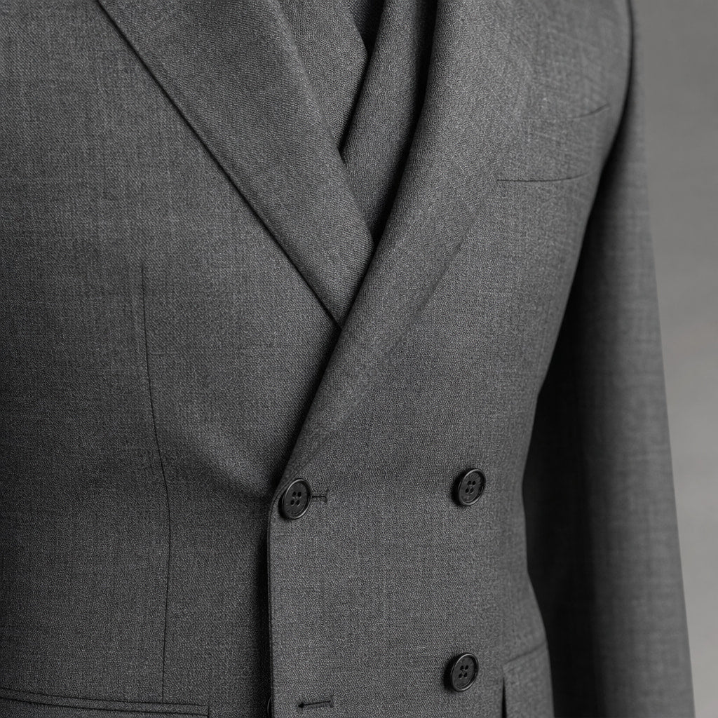 Double Breasted Suit Men Sharkskin Vest Set Charcoal Charcoal – Fabric and Detail Close-Up