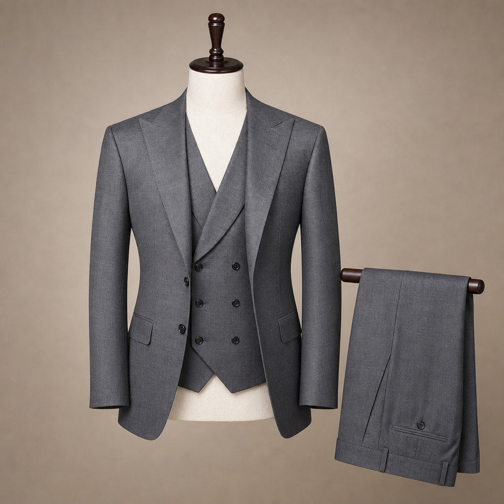 Double Breasted Suit Men Sharkskin Vest Set Charcoal Charcoal – Product Photo