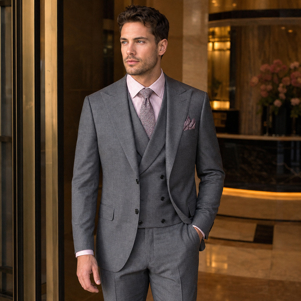 Double Breasted Suit Men Sharkskin Vest Set Charcoal Charcoal – Styled Editorial Shot