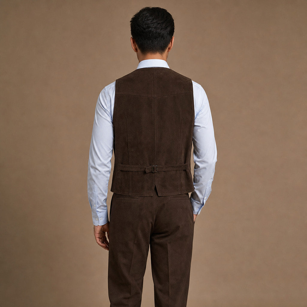 Suede Waistcoat Five Button Brown – Side Angle View