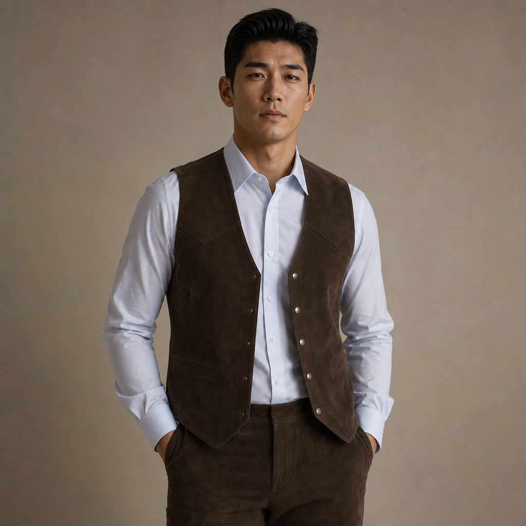 Suede Waistcoat Five Button Brown – Full Look