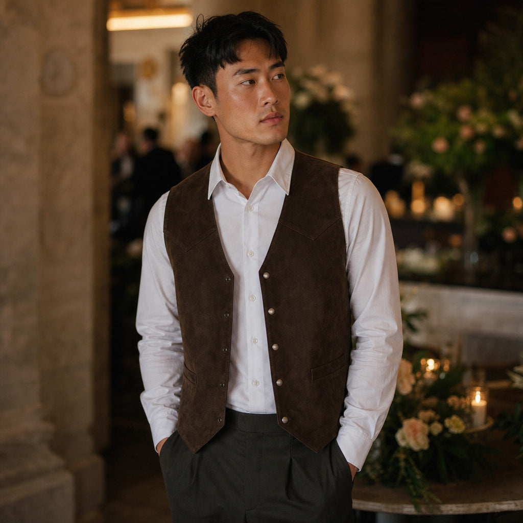Suede Waistcoat Five Button Brown – Styled Editorial Shot