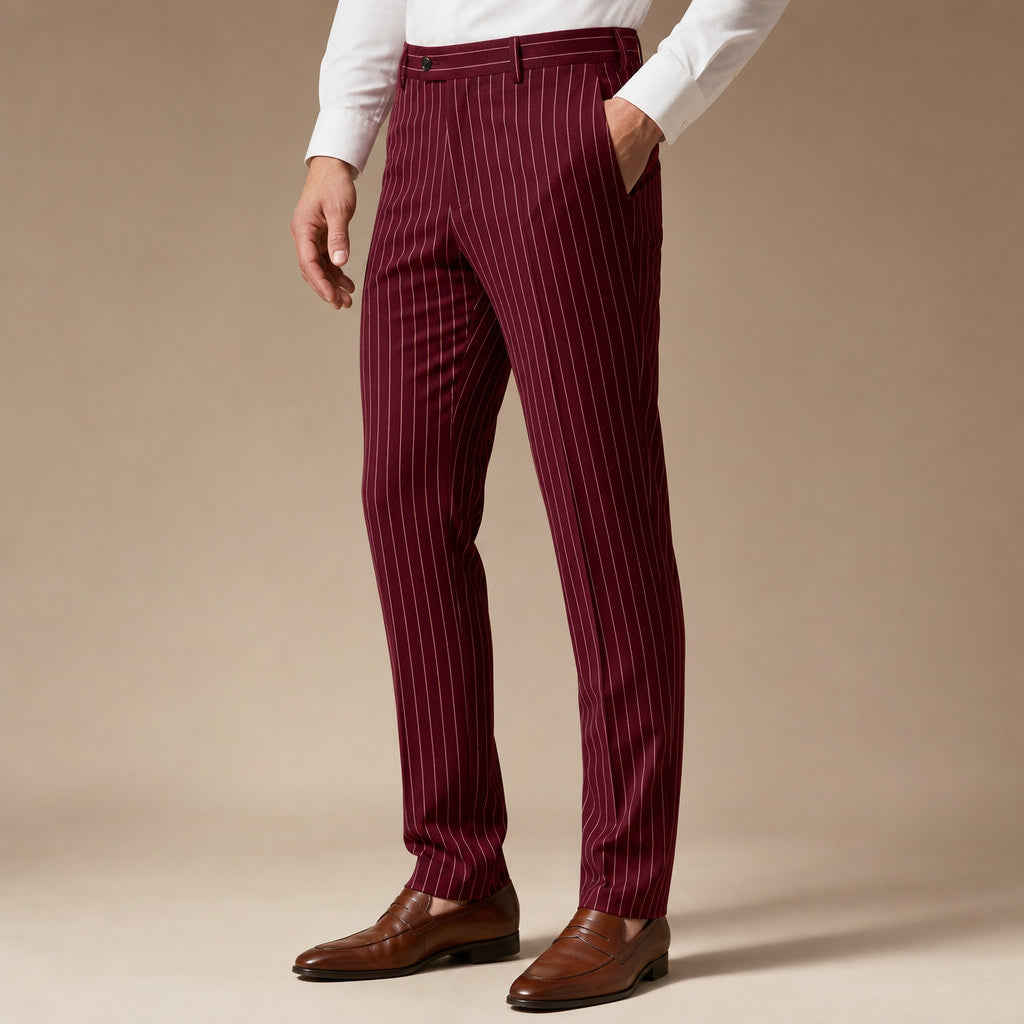 Dress Pants Striped Slim Fit Burgundy – Side Angle View