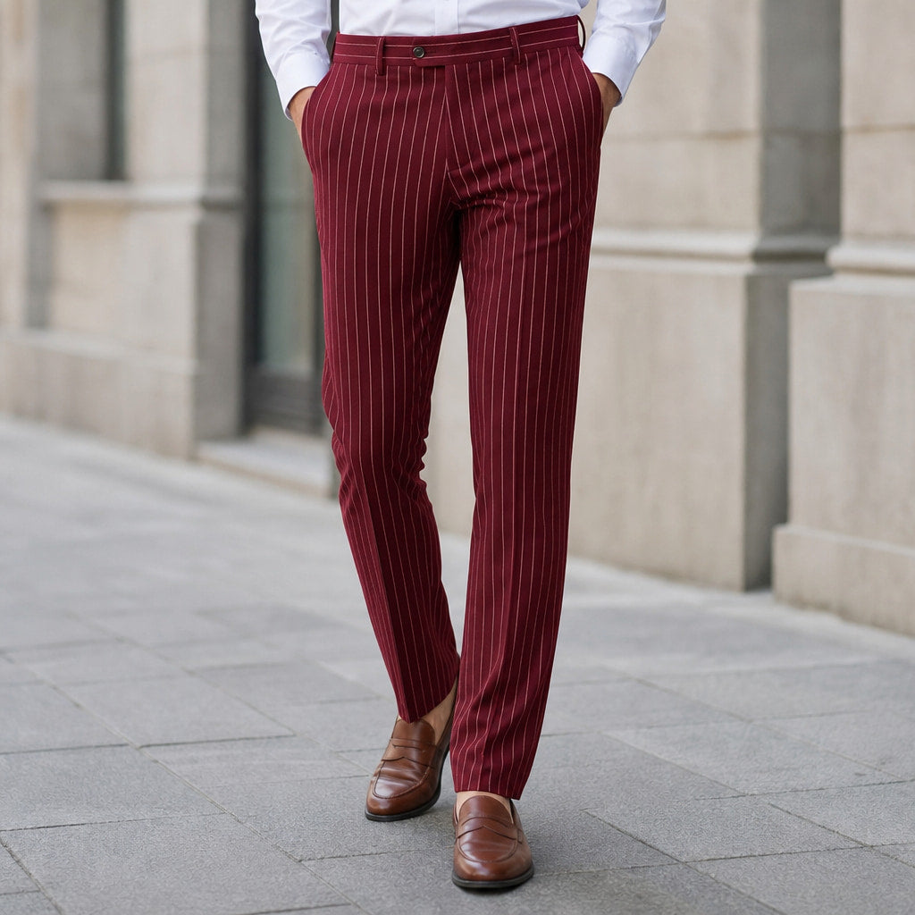 Dress Pants Striped Slim Fit Burgundy – Styled Editorial Shot