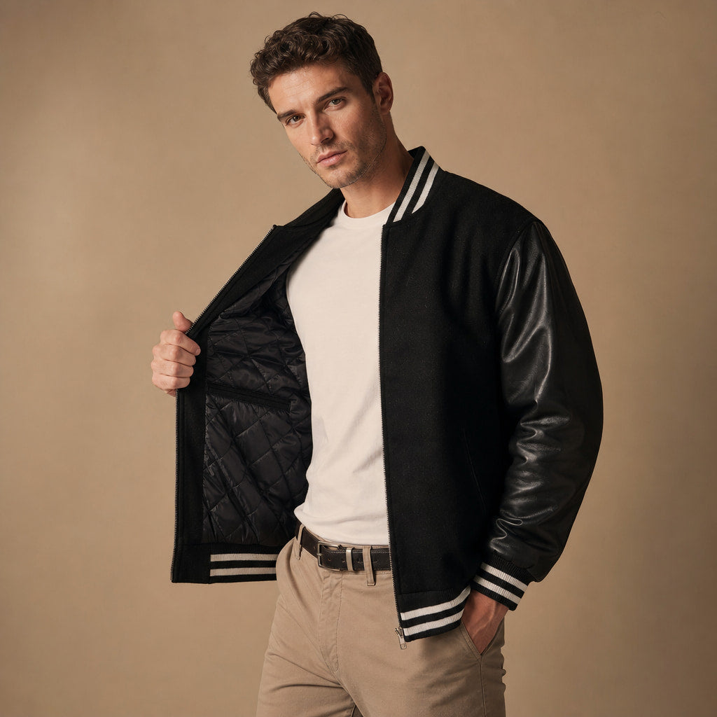Drift Black Varsity Wool leather Sleeve Jacket For Men Black – Side Angle View