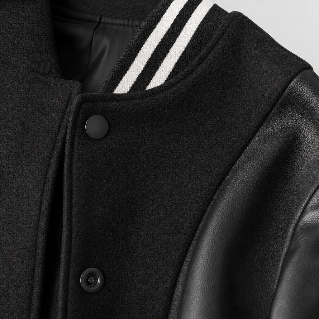Drift Black Varsity Wool leather Sleeve Jacket For Men Black – Fabric and Detail Close-Up