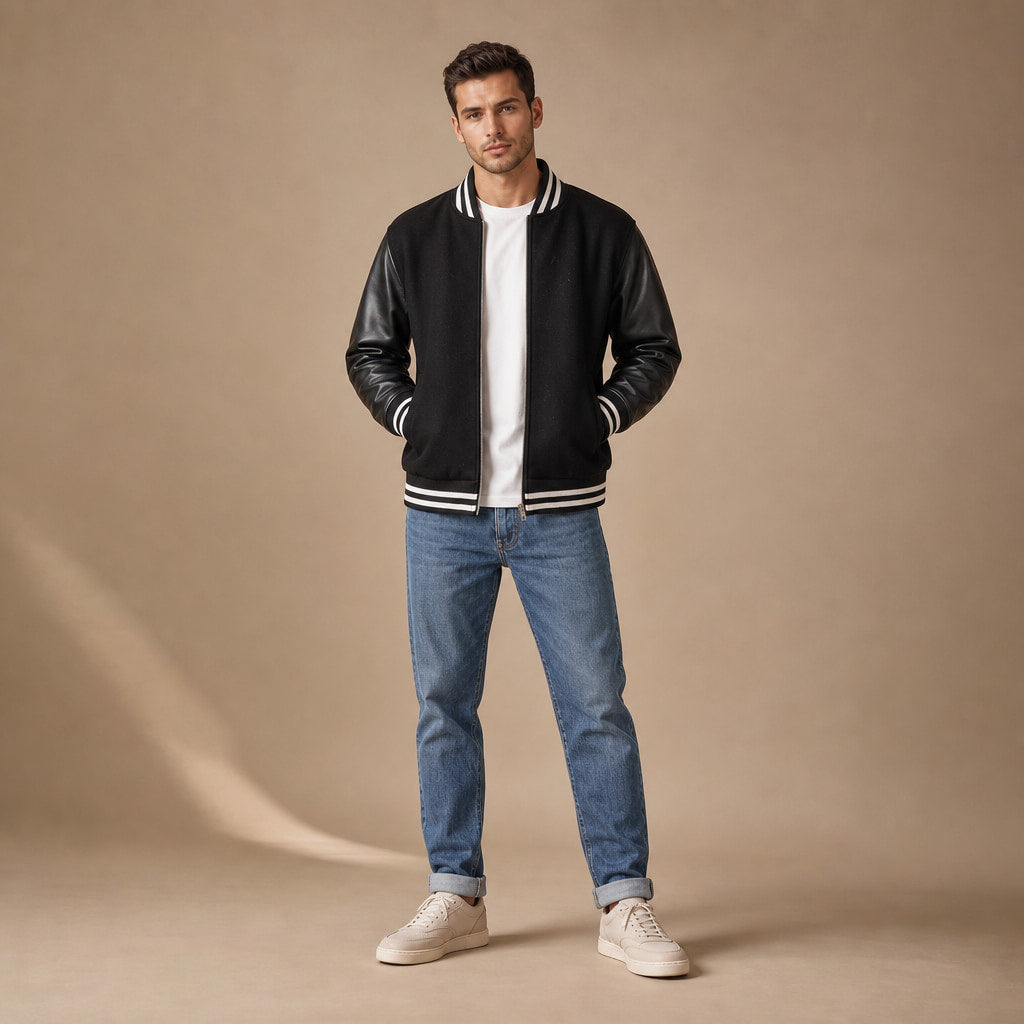 Drift Black Varsity Wool leather Sleeve Jacket For Men Black – Full Look
