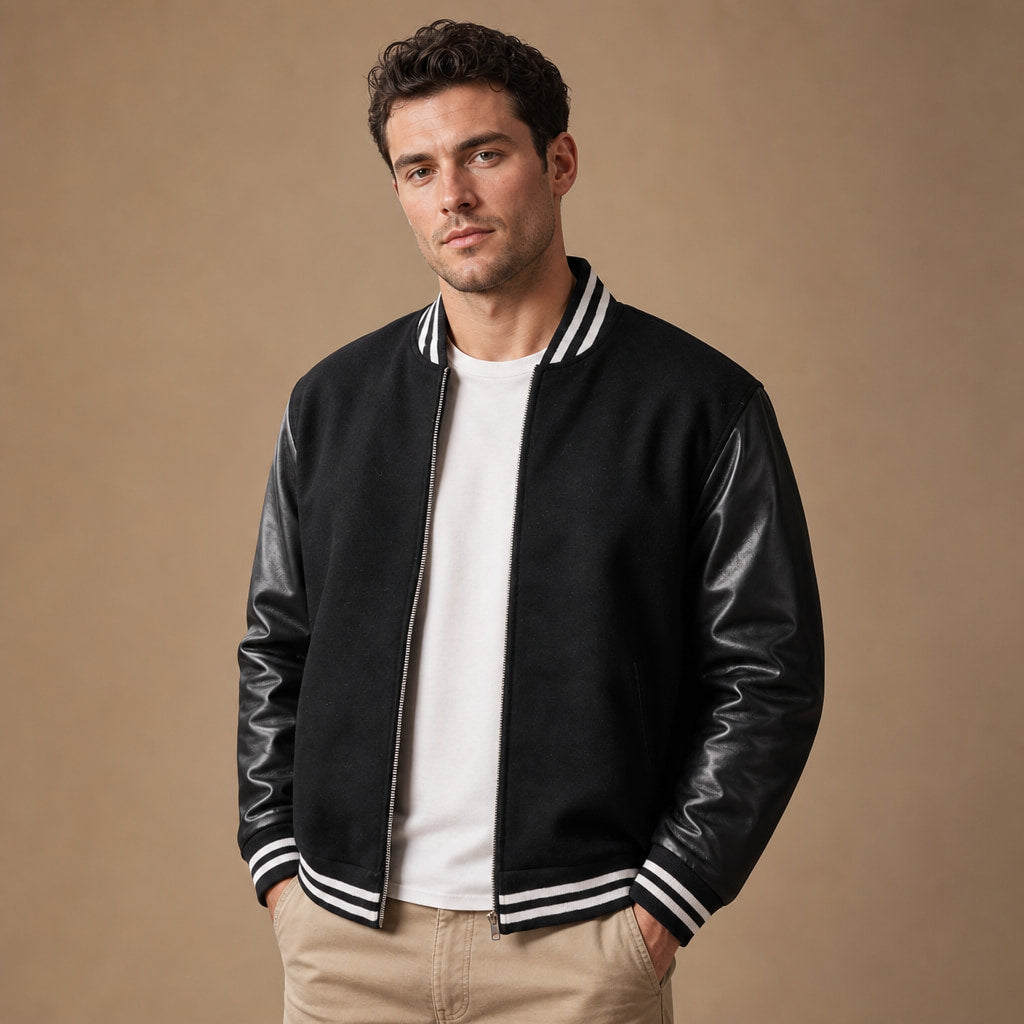 Drift Black Varsity Wool leather Sleeve Jacket For Men Black – Product Photo